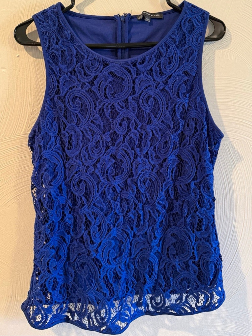 Adrianna Papell Blue Lace Sleeveless Tank Top Round Neck Zip Closure